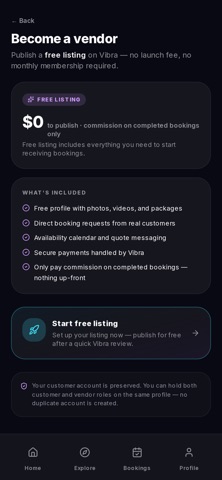 VibraConnect vendor onboarding screen from the App Store