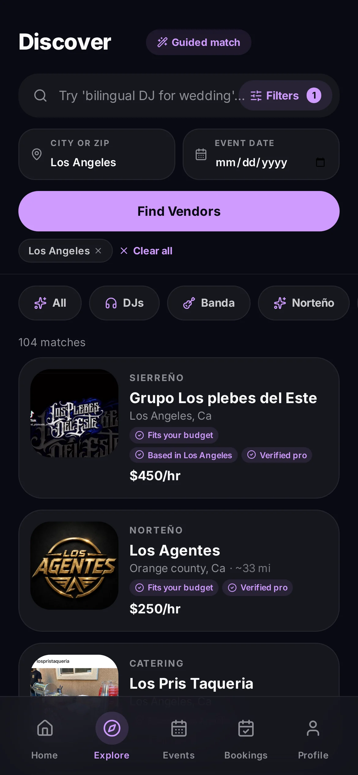 VibraConnect vendor search results screen