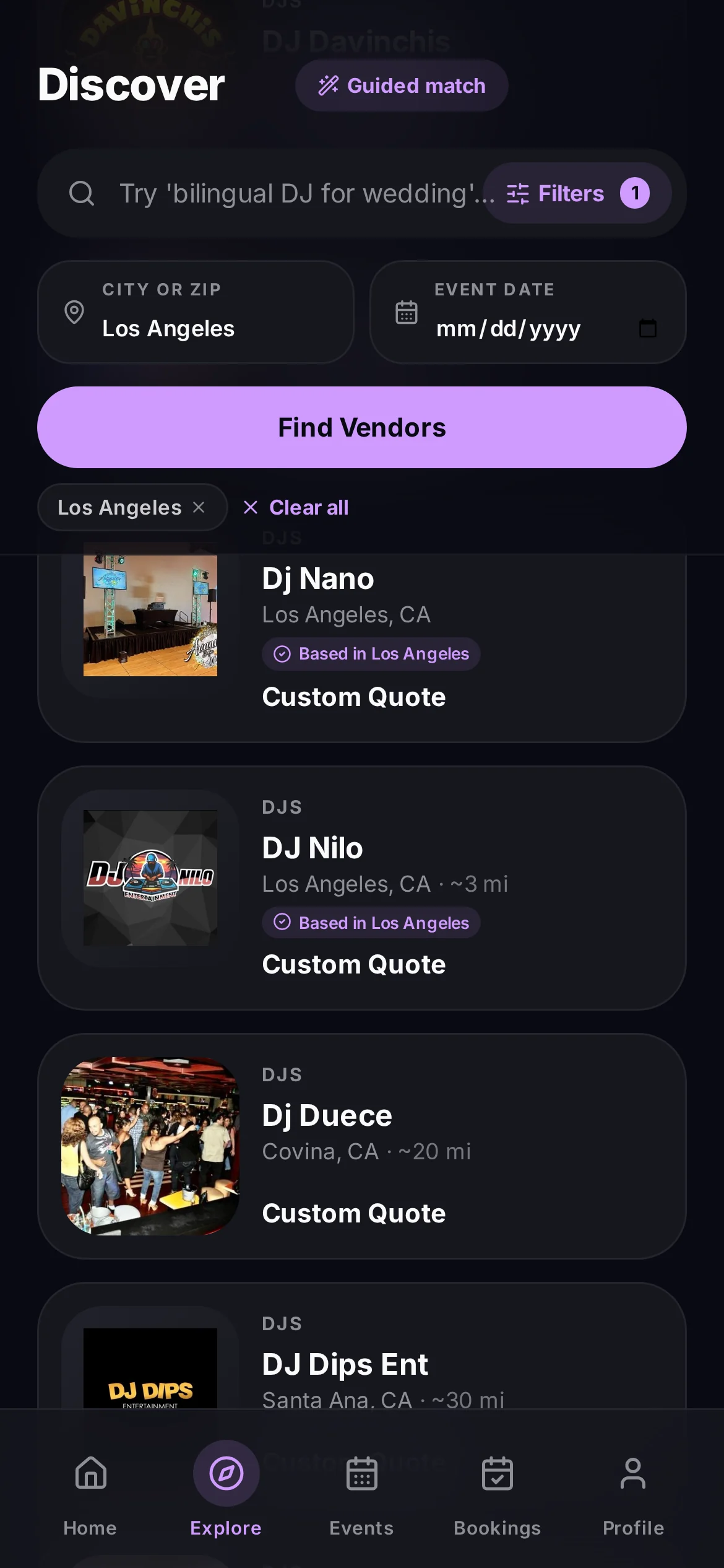 VibraConnect DJ search results screen